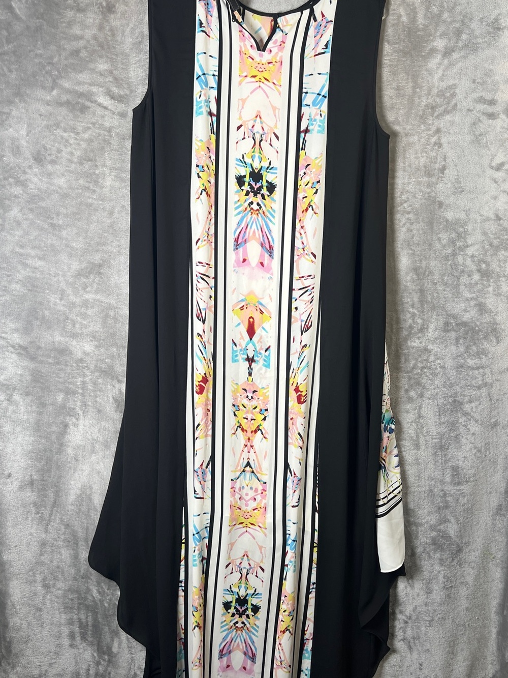 BCBGMaxAzria Black & White High-Low Dress with Multicolor Floral Panels - Picture 5 of 10
